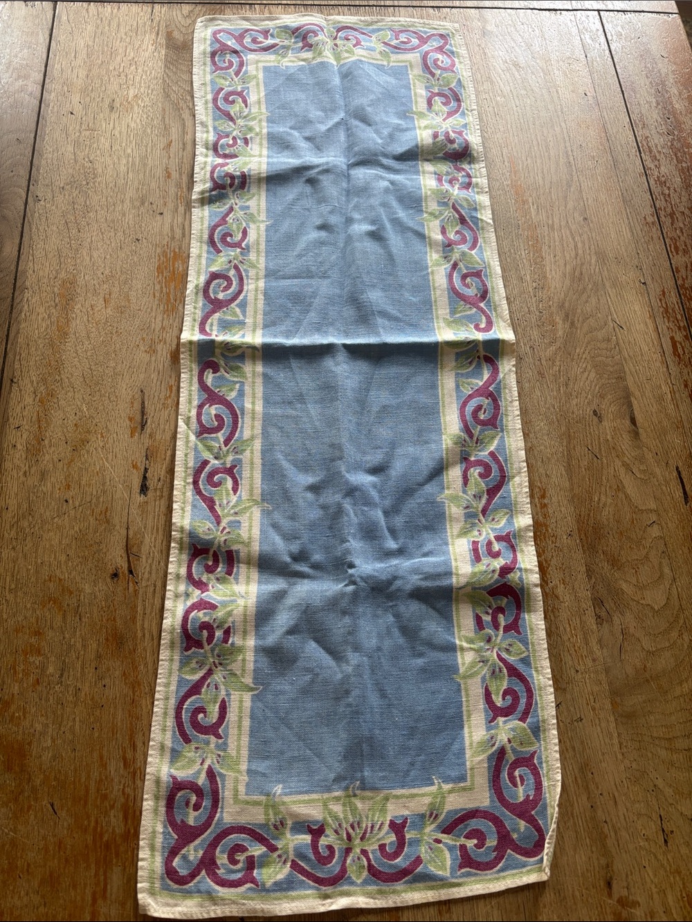 Vintage Blue Linen Table Runner with Purple Scroll and Green Leaf Border 12x32